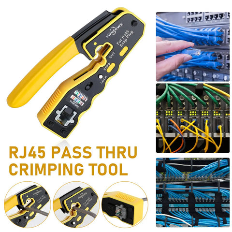 RJ45 Pass Through Ethernet Crimp Tool Kit All In One Pro Grade Set with network cables and connectors