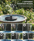 Solar Bird Bath Fountain Pump With 7 Nozzles, 1.4W Upgraded Solar Powered Water Pump demonstrating different spray patterns.