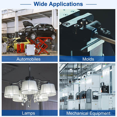 Wide applications of 20 Pcs Wire Thread Inserts M10 X 1.25 Helical Type Coiled Thread Repair Kit, shown in automobiles, molds, lamps, mechanical equipment