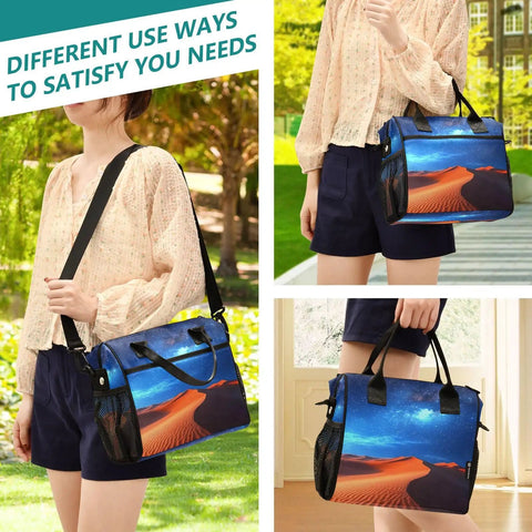 Woman carrying Desert Sky Large Cooler Bag Portable Leakproof Insulated Lunch Tote For Gals with desert sky design outdoors