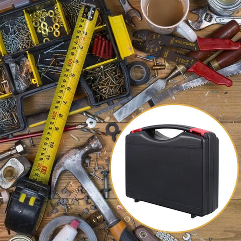 Grab And Go Heavy Duty Plastic Tool Box With Carry Handle Hella Sturdy PP Plastic Case For Cars Garage Or Gear Sorting, displayed among tools.