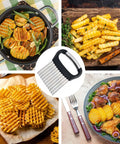 Zemcxney crinkle cutter with stainless steel blades and black handle, shown among waffle fries and crinkle-cut slices.