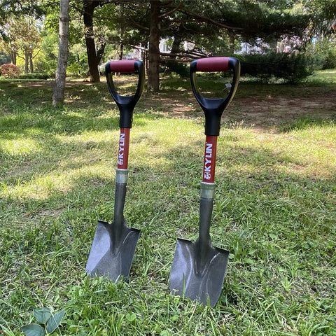 Two Piece Mini Garden Shovel Set with Fiberglass Short Handles, 14 Gauge Steel Blades, D Grip, in a grassy park
