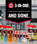 Assorted 3-IN-ONE lubrication and maintenance products in cans and bottles displayed on a countertop with a 3-IN-ONE sign.