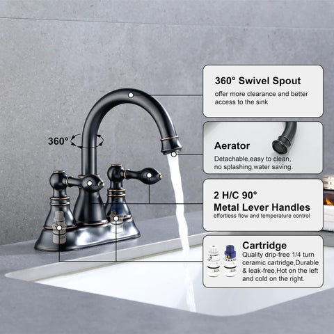Oil Rubbed Bronze Centerset Bathroom Faucet With Two Handles For Three Hole Sinks 4 Inch Swivel Spout Overflow Pop Up Drain