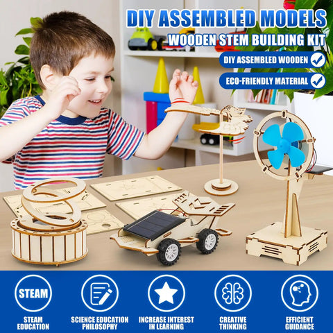 Child playing with 8 In 1 STEM Science Kit For Kids Aged 8 To 14 With Solar Powered Car Anti Gravity Device Telescope Periscope Dinosaur Claw And More For Hands On Fun Kid Friendly Wooden Physics Experiments For Boys And Girls.