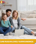 Family sitting on rug with Nonskid Rug Pad 3' x 5' Plush Reversible Gripper, enjoying laptop in living room.