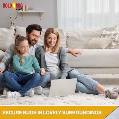 Family sitting on rug with Nonskid Rug Pad 3' x 5' Plush Reversible Gripper, enjoying laptop in living room.
