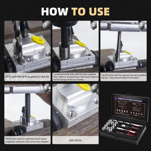 Pro Grade M8x1.25 Thread Repair Kit With Stainless Steel Inserts 11.7mm And 16.2mm Includes HSS Drill Tap Counterbore Install Driver Ten Inserts Durable Internal Thread Repair For Metal DIY Shop usage instructions and contents