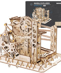 Close-up of 3D Wooden Puzzle Lift Coaster Set With Working Gears Marble Run Model Kit Roller Coaster Design Totally Buildable Brain Teaser