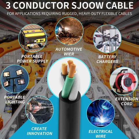 No Sweat 100 Foot 14 3 Sjoow Portable Power Cable Featuring Slick Rubber Jacket For Outdoor Job Sites And Driveway Projects Etl Rated 14 Awg three conductor cable with three color-coded wires for versatility.