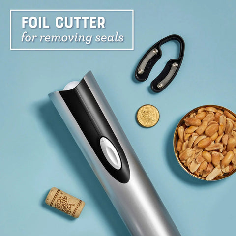 Cordless Electric Wine Opener With Automatic Cork Extractor And Precision Foil Cutter With Rechargeable Base, sleek foil cutter on blue background.