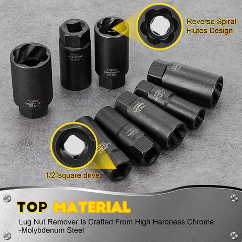 Deep Lug Nut Remover Set 10 Piece Spiral Type Heavy Duty Half Inch Drive Impact Wheel Lock Removal Kit, high carbon steel
