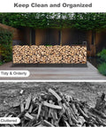 Eight Foot Outdoor Firewood Rack Holder With Fourteen Support Legs For Fire Wood Pile Storage, orderly vs cluttered comparison