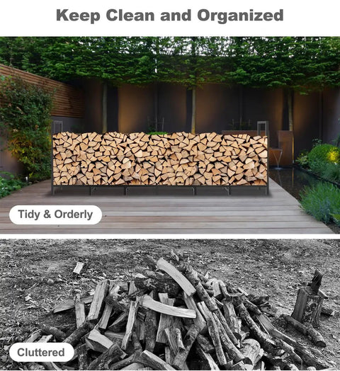 Eight Foot Outdoor Firewood Rack Holder With Fourteen Support Legs For Fire Wood Pile Storage, orderly vs cluttered comparison