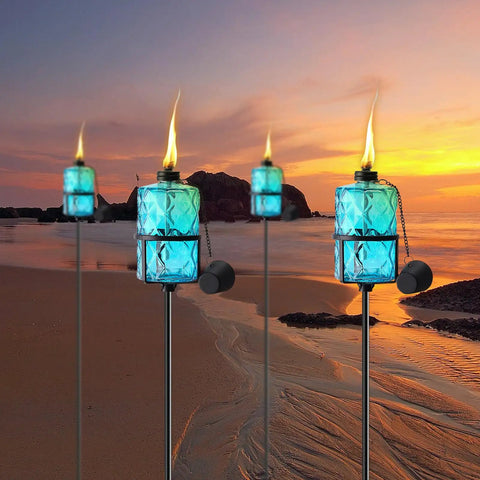 Four Pack Blue Glass Garden Torches 12 Oz Citronella Outdoor Lights 60 Inch Adjustable Height 3 Prong Grounded Stakes