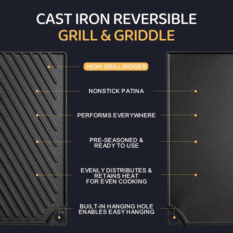 Diagram of Reversible Cast Iron Grill And Griddle Pan 16.7 By 9.5 Inch Preseasoned Flat Top For Oven Stove Campfire features