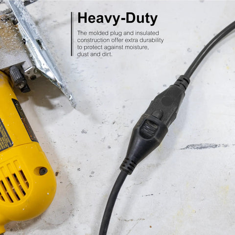 Heavy duty design of Outdoor Extension Cord 15 Feet Grounded Heavy Duty 16 AWG 3 Prong ETL Listed Black in workshop setting