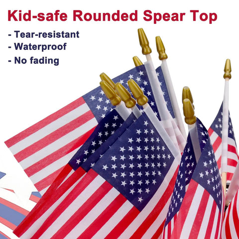 Close-up of 12 Pack Small American Flags 4x6 Inch Hand Held Stick Flags With Safety Spear Top, showing durable and kid-safe spear tops.