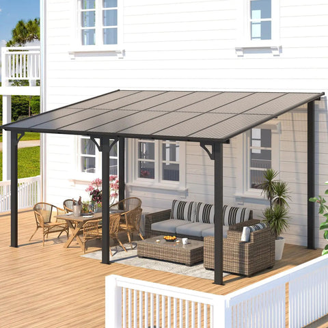14 X 10 Foot Gazebo With Hard Top Roof, lean to pergola shade installed in patio, showcasing heavy duty wall mounted awnings.