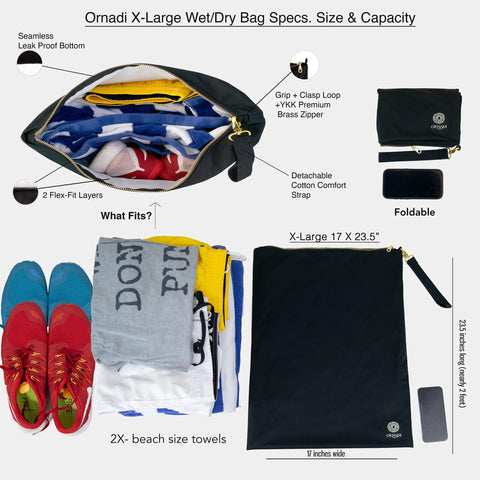 X Large Waterproof Antimicrobial Travel Wet Dry Laundry Bag Keeps Odor In Check shown full and folded, with items like shoes and towels inside.