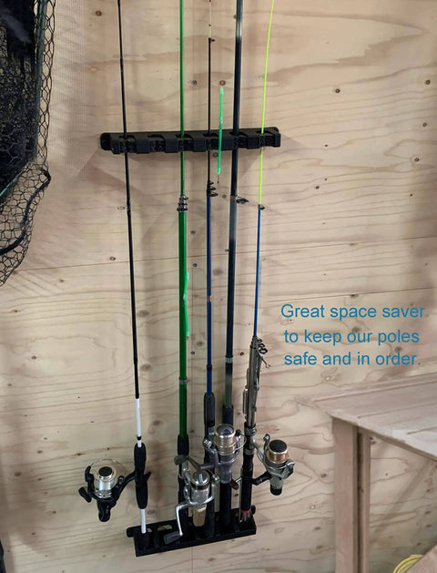 Vertical Fishing Rod Holder Rack for Garage Wall and Ceiling Mount Black 1 Pair Durable Fishing Pole Holders with rods displayed