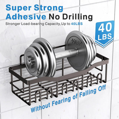 Five Piece No Drill Adhesive Shower Caddy Set With Rustproof Stainless Steel Bathroom Organizer holding weight on tile wall