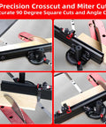 Heavy Table Saw Miter Gauge With Micro Adjust Flip Stop And Extensible Aluminum Fence From 18 To 32 Inches Having 13 Angle Stops in use for crosscut and miter cuts.