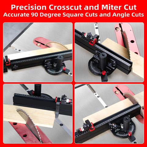 Heavy Table Saw Miter Gauge With Micro Adjust Flip Stop And Extensible Aluminum Fence From 18 To 32 Inches Having 13 Angle Stops in use for crosscut and miter cuts.