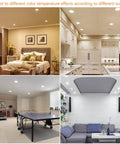 Ultra Thin 6 Inch Recessed LED Lights With Junction Box 12W installed in various home settings with adjustable color temperatures.