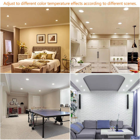 Ultra Thin 6 Inch Recessed LED Lights With Junction Box 12W installed in various home settings with adjustable color temperatures.