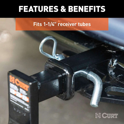Half Inch Trailer Hitch Pin And Clip For One And A Quarter Inch Receivers, Easy Grip 105 Degree Bend, securing ball mount
