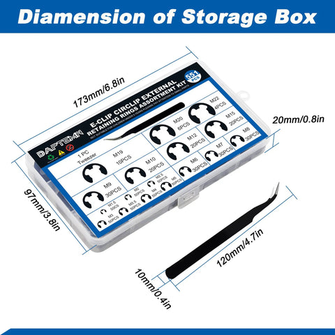 Dope External E Clip Circlip Retaining Rings Kit 550 Pcs with sizes M1.5 to M22, carbon steel, tweezers included, front view