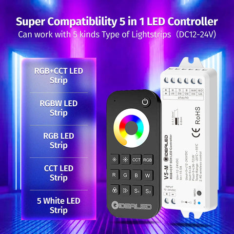 Dope 2.4G Wireless 5 Channel RGB CCT LED Controller with RF Remote next to LED strip controller box in purple light