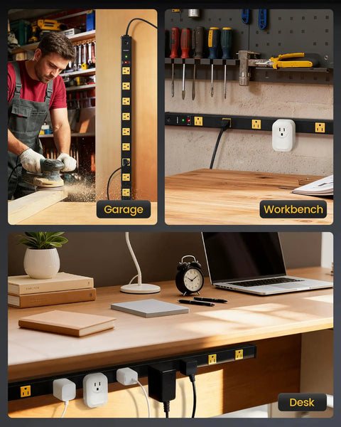 Heavy Duty Power Strip With 10 Grounded Outlets And Surge Protector in garage, workbench, and desk settings.