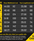 Size chart for Heavy Duty Reflective Mesh Safety Vest For Men In Black With Nine Roomy Pockets and High Visibility markers.