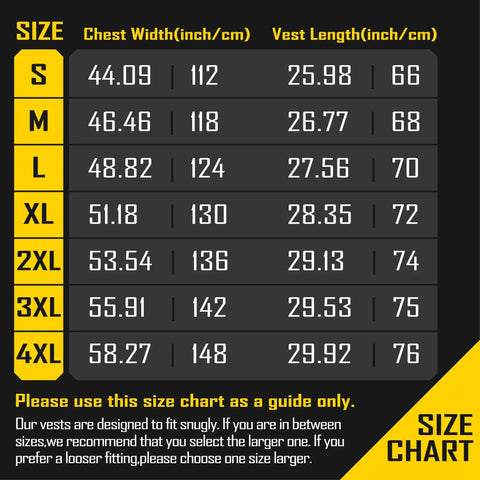 Size chart for Heavy Duty Reflective Mesh Safety Vest For Men In Black With Nine Roomy Pockets and High Visibility markers.