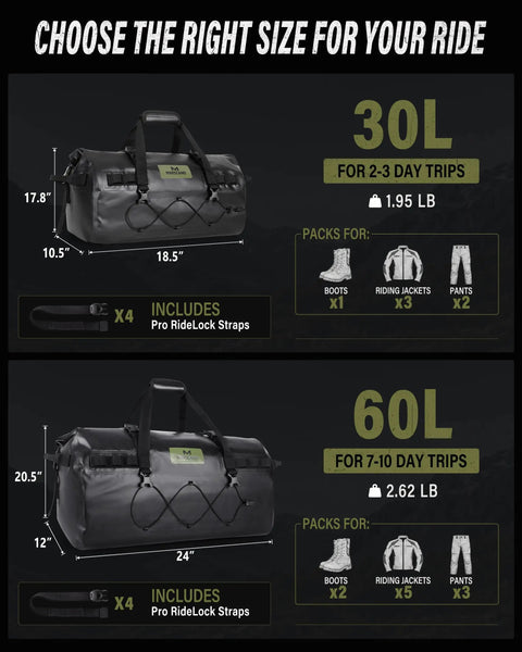 Waterproof Motorcycle Dry Bag 60L With Roll Top Closure Tail Saddle Luggage Four Quick Release Straps Heavy Duty Travel Duffel