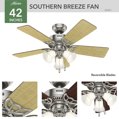 Southern Breeze 42 Inch Brushed Nickel Ceiling Fan With LED Light Kit And Pull Chain showcasing reversible blade options.