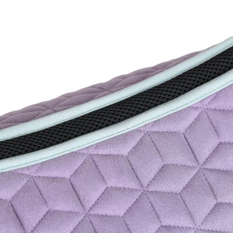 Close-up of Suede Elite Air Tec Dressage Saddle Pad With Breathable Spine Soft Lilac Large Premium Suede Outer And Vegan Leather Girth Patch