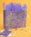 13 Inch Large Rose Purple Gift Bag Set With Greeting Card And Tissue Paper, Gold Foil Accents And Dope Floral Design