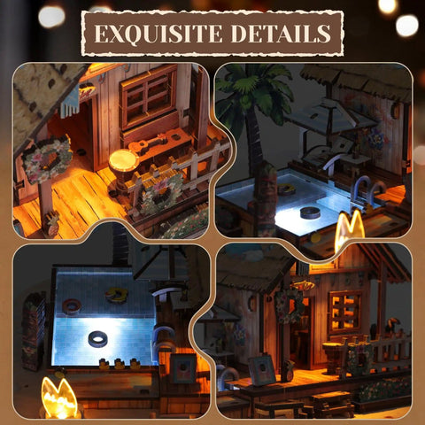 Close-up of Hawaiian Vacation Beach House 3D Wooden Puzzle Kit With LED Light For Adults, 187 Pieces DIY Model Building Kit