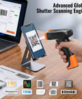 All-In-One Wireless Handheld Barcode Scanner With 2200mAh Lithium-Polymer Battery Bluetooth 2.4G Cordless USB Wired 1D 2D QR Code Reader For Retail Inventory Management Model D5300 scanning a QR code on a smartphone