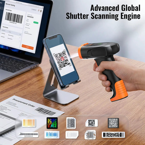 All-In-One Wireless Handheld Barcode Scanner With 2200mAh Lithium-Polymer Battery Bluetooth 2.4G Cordless USB Wired 1D 2D QR Code Reader For Retail Inventory Management Model D5300 scanning a QR code on a smartphone