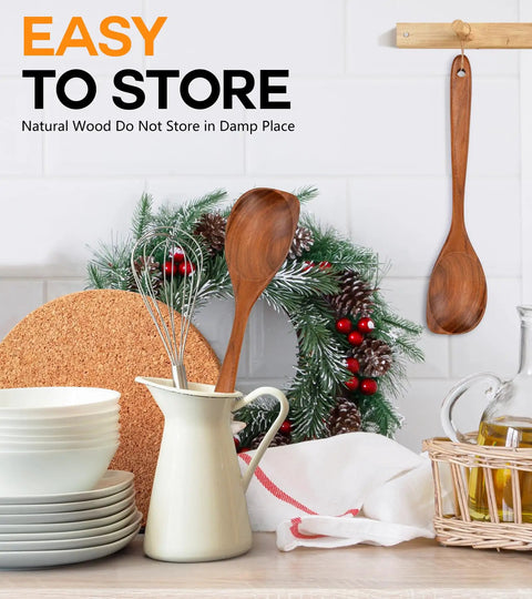 Pro Grade Teak Wood Cooking Spoons Set With Heavy Grip, on kitchen counter with bowls, jug, and wreath