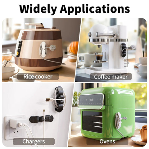 Six Pack Upgraded Kitchen Cord Organizer on rice cooker, coffee maker, charger, and oven