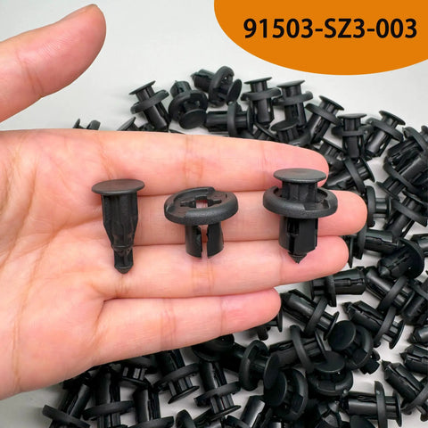 Kickstart Your Ride Fix With Heavy Duty One Hundred Piece Bumper Clip Set For Honda And Acura Vehicles Including Civic Accord Crv Bodies Featuring Rock Solid Nylon Retainer Pins Plus Quick Install Tool Included, showing black nylon clips in hand.