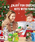 Mother and child using 8 Piece Beginner Crochet Starter Kit With 40 Percent Extra Yarn For Cute Animal Crochet Kits by Christmas tree.