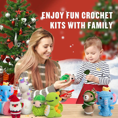 Mother and child using 8 Piece Beginner Crochet Starter Kit With 40 Percent Extra Yarn For Cute Animal Crochet Kits by Christmas tree.