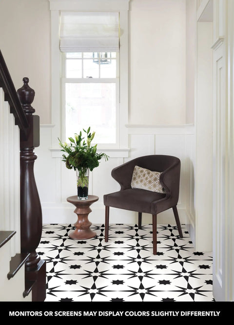 Interior with chair and table on white and black peel and stick vinyl floor tiles 12 by 12 inches pack of 10 no grout needed.